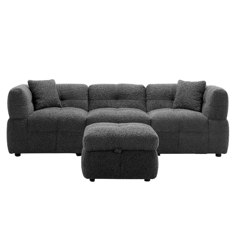 Divano componibile, Divano a L con pouf contenitore mobile, 2 porte USB e 2 cuscini, Divano imbottito trapuntato per soggiorno
