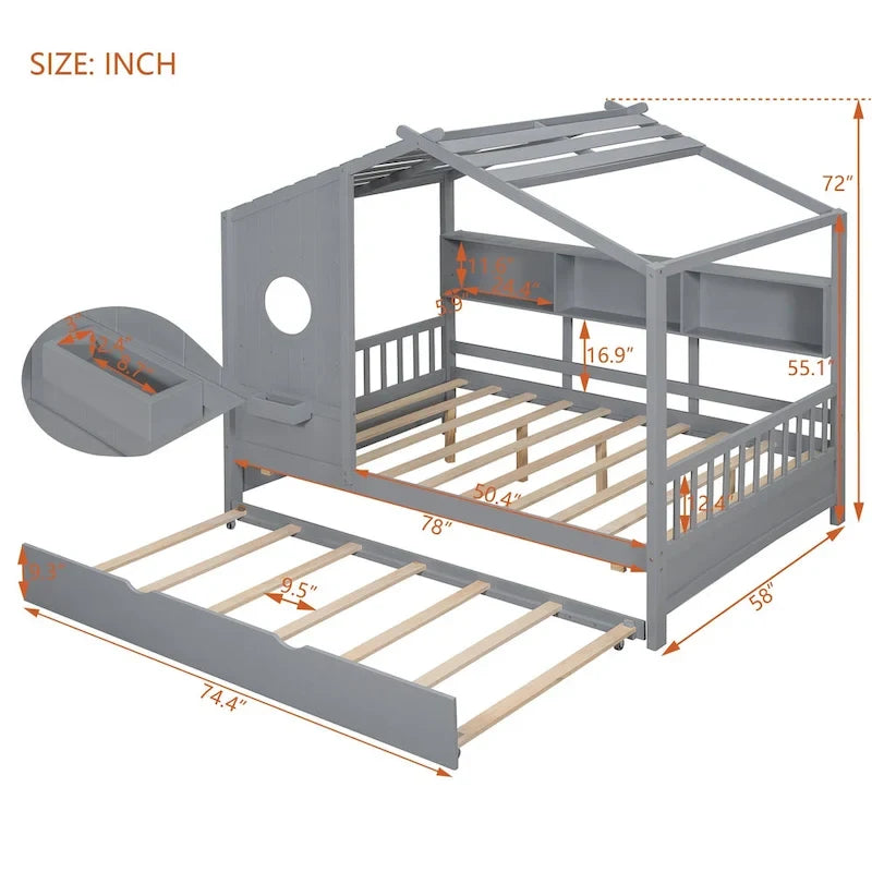Gray Upholstered Bed with Wingback Headboard & 4 Storage Drawers