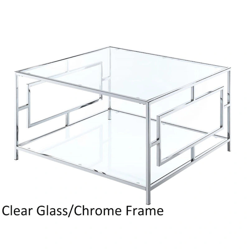 Modern Square Chrome Coffee Table with Lower Display Shelf