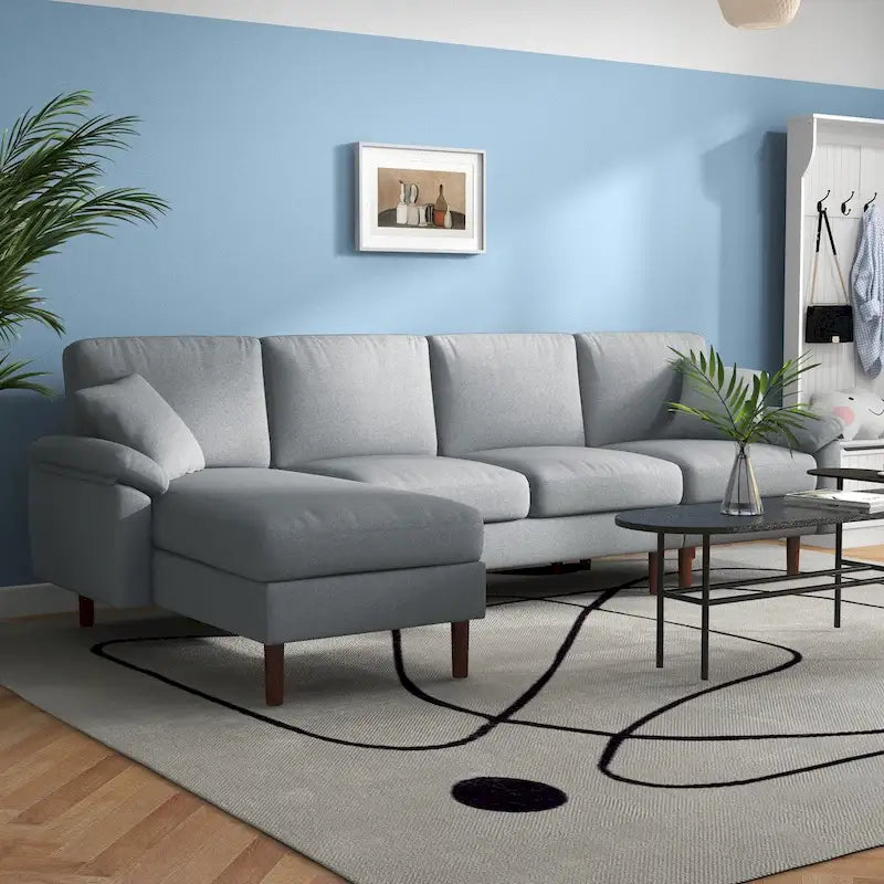 Divano sezionale a L con chaise longue reversibile, tessuto in lino e gambe in legno