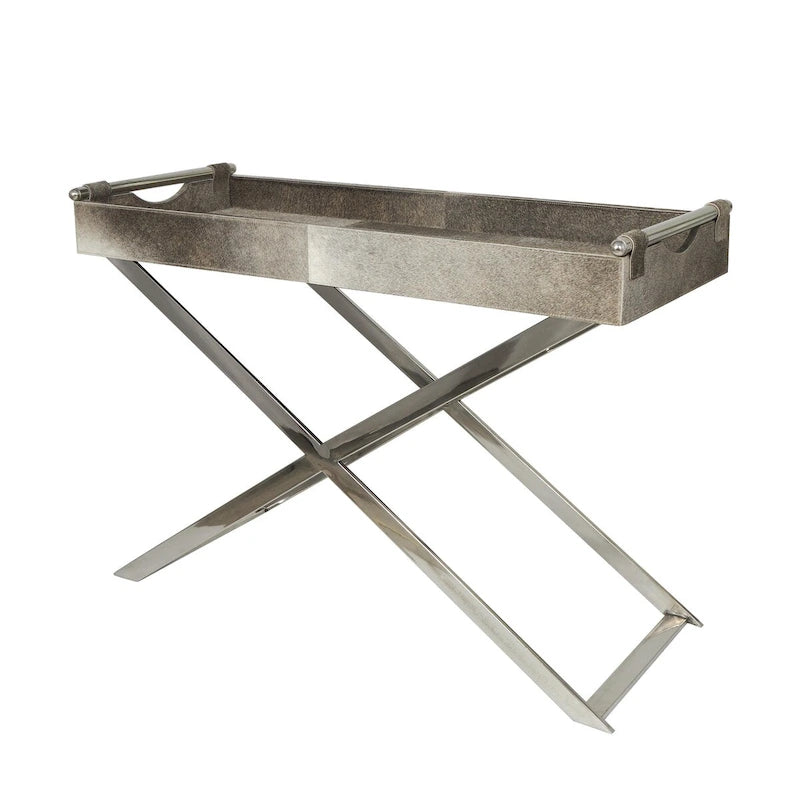 Tavolino laterale in pelle "hair-on-hide" grigia con gambe in acciaio inossidabile argentato