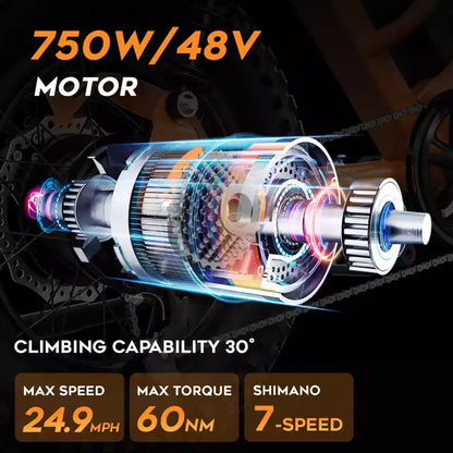Eilleo 20 Fat Tire E-Bike Motore da 750W (920W di picco), 40 km/h, autonomia 80-110 km, batteria 48V 15.6Ah, doppia sospensione, Shimano 7 velocità