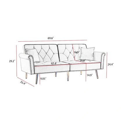 Velvet Tufted Sofa Couch with 2 Pillows and Nailhead Trim