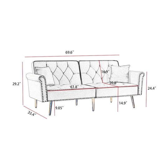 Velvet Tufted Sofa Couch with 2 Pillows and Nailhead Trim