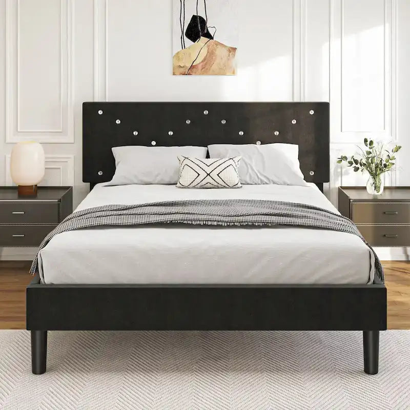 Letto imbottito con piattaforma, Queen Size, nero con testiera imbottita e struttura in metallo resistente