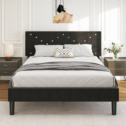Letto imbottito con piattaforma, Queen Size, nero con testiera imbottita e struttura in metallo resistente