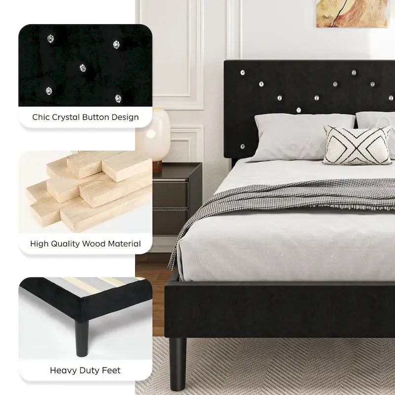 Letto imbottito con piattaforma, Queen Size, nero con testiera imbottita e struttura in metallo resistente