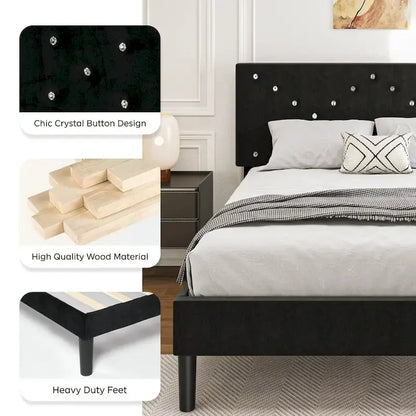 Letto imbottito con piattaforma, Queen Size, nero con testiera imbottita e struttura in metallo resistente