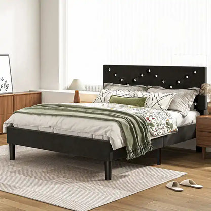 Letto imbottito con piattaforma, Queen Size, nero con testiera imbottita e struttura in metallo resistente