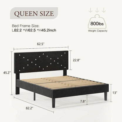 Letto imbottito con piattaforma, Queen Size, nero con testiera imbottita e struttura in metallo resistente