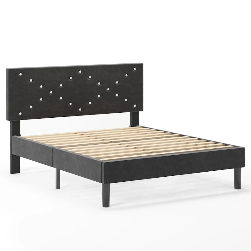 Letto imbottito con piattaforma, Queen Size, nero con testiera imbottita e struttura in metallo resistente