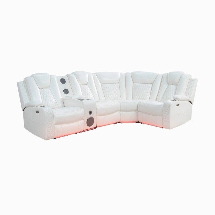 Divano ad angolo reclinabile di lusso a 5 e 6 posti con LED, USB, ricarica wireless, Bluetooth e vano contenitore