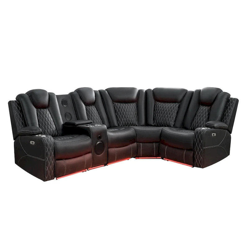 Divano ad angolo reclinabile di lusso a 5 e 6 posti con LED, USB, ricarica wireless, Bluetooth e vano contenitore