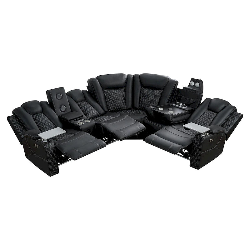 Divano ad angolo reclinabile di lusso a 5 e 6 posti con LED, USB, ricarica wireless, Bluetooth e vano contenitore