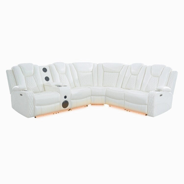 Divano ad angolo reclinabile di lusso a 5 e 6 posti con LED, USB, ricarica wireless, Bluetooth e vano contenitore