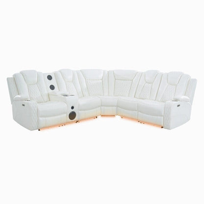 Divano ad angolo reclinabile di lusso a 5 e 6 posti con LED, USB, ricarica wireless, Bluetooth e vano contenitore