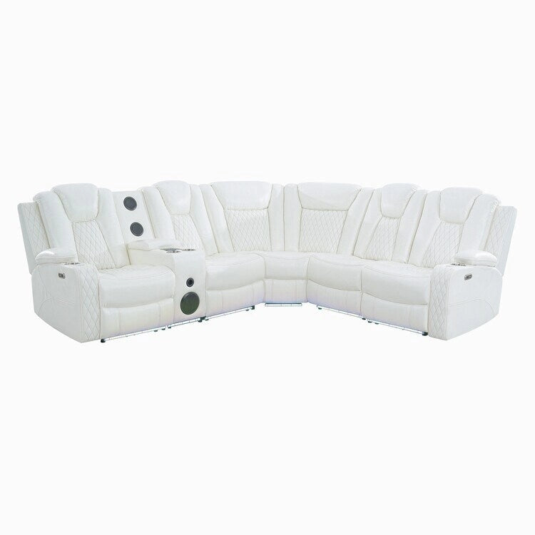 Divano ad angolo reclinabile di lusso a 5 e 6 posti con LED, USB, ricarica wireless, Bluetooth e vano contenitore