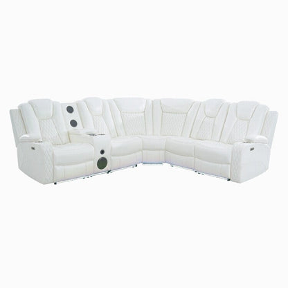 Divano ad angolo reclinabile di lusso a 5 e 6 posti con LED, USB, ricarica wireless, Bluetooth e vano contenitore