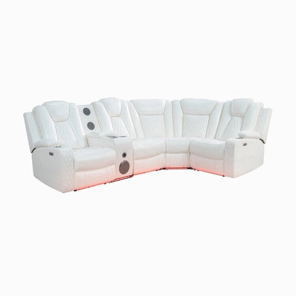 Divano ad angolo reclinabile di lusso a 5 e 6 posti con LED, USB, ricarica wireless, Bluetooth e vano contenitore