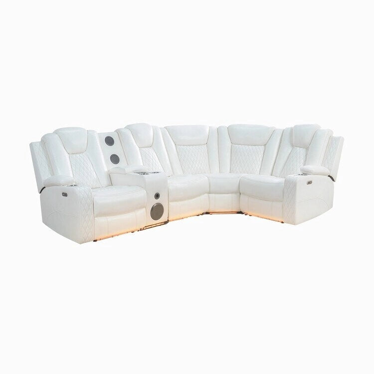 Divano ad angolo reclinabile di lusso a 5 e 6 posti con LED, USB, ricarica wireless, Bluetooth e vano contenitore
