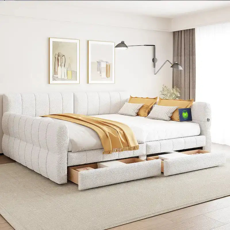 Letto matrimoniale imbottito con USB e 2 cassetti, bianco