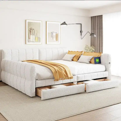 Letto matrimoniale imbottito con USB e 2 cassetti, bianco