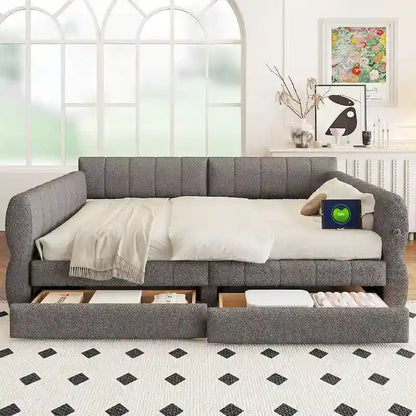 Letto matrimoniale imbottito con USB e 2 cassetti, bianco