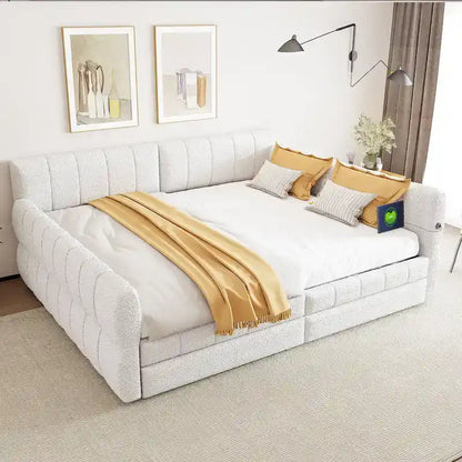 Letto matrimoniale imbottito con USB e 2 cassetti, bianco
