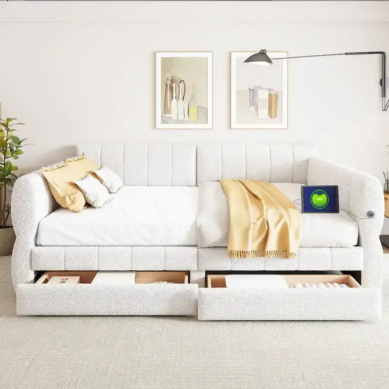 Letto matrimoniale imbottito con USB e 2 cassetti, bianco