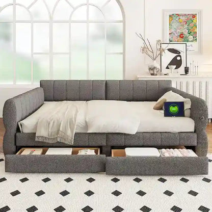 Letto matrimoniale imbottito con USB e 2 cassetti, bianco