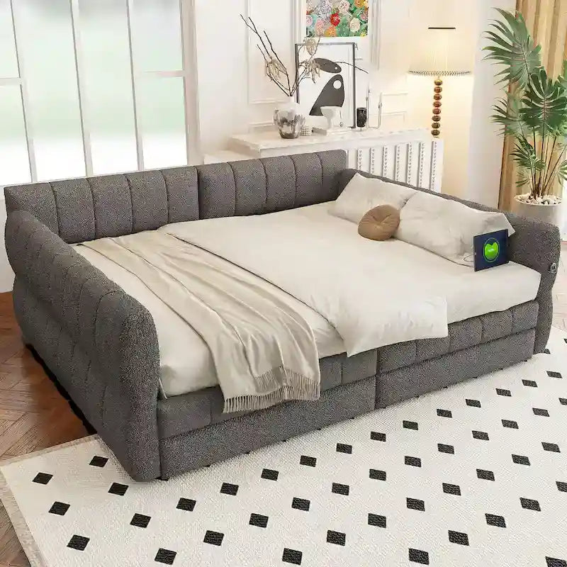 Letto matrimoniale imbottito con USB e 2 cassetti, bianco