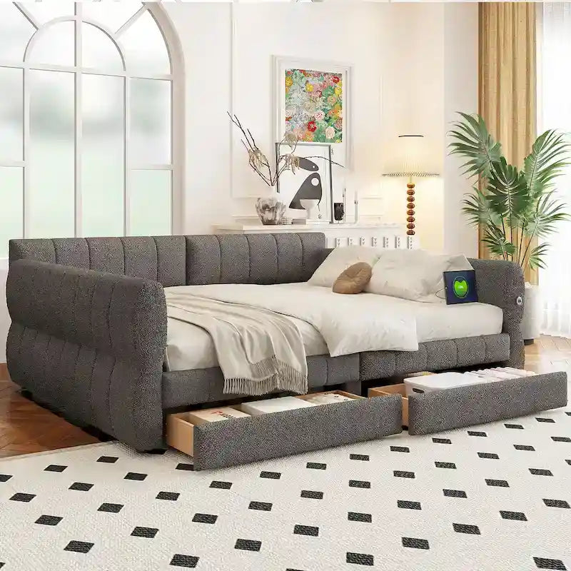 Letto matrimoniale imbottito con USB e 2 cassetti, bianco