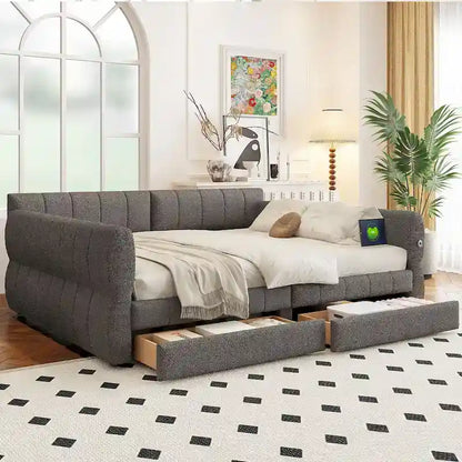 Letto matrimoniale imbottito con USB e 2 cassetti, bianco