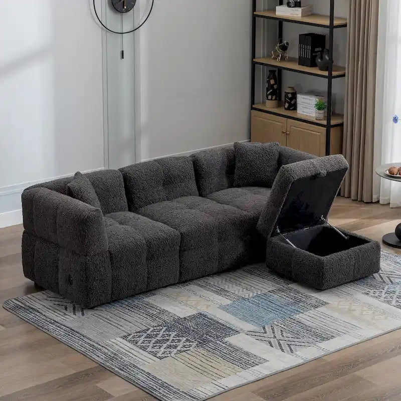 Divano componibile, Divano a L con pouf contenitore mobile, 2 porte USB e 2 cuscini, Divano imbottito trapuntato per soggiorno