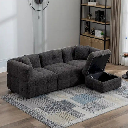 Divano componibile, Divano a L con pouf contenitore mobile, 2 porte USB e 2 cuscini, Divano imbottito trapuntato per soggiorno