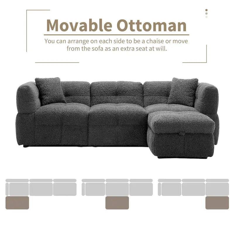 Divano componibile, Divano a L con pouf contenitore mobile, 2 porte USB e 2 cuscini, Divano imbottito trapuntato per soggiorno