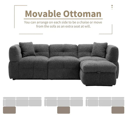 Divano componibile, Divano a L con pouf contenitore mobile, 2 porte USB e 2 cuscini, Divano imbottito trapuntato per soggiorno