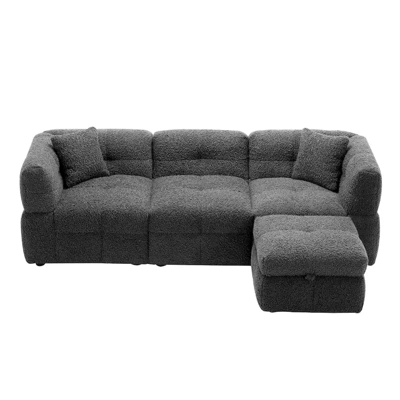 Divano componibile, Divano a L con pouf contenitore mobile, 2 porte USB e 2 cuscini, Divano imbottito trapuntato per soggiorno