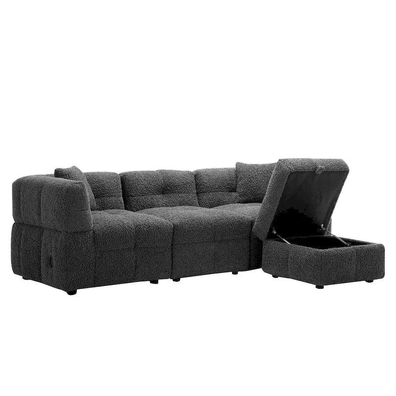 Divano componibile, Divano a L con pouf contenitore mobile, 2 porte USB e 2 cuscini, Divano imbottito trapuntato per soggiorno