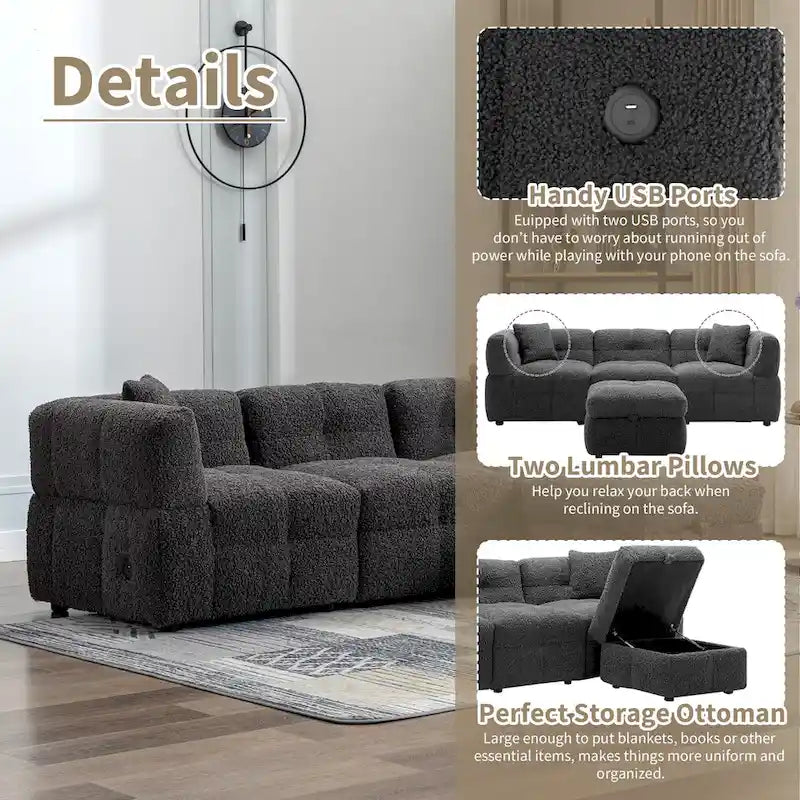 Divano componibile, Divano a L con pouf contenitore mobile, 2 porte USB e 2 cuscini, Divano imbottito trapuntato per soggiorno