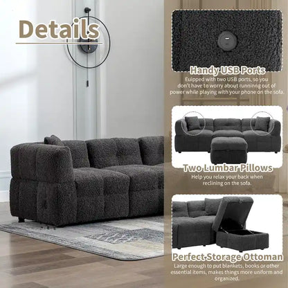 Divano componibile, Divano a L con pouf contenitore mobile, 2 porte USB e 2 cuscini, Divano imbottito trapuntato per soggiorno