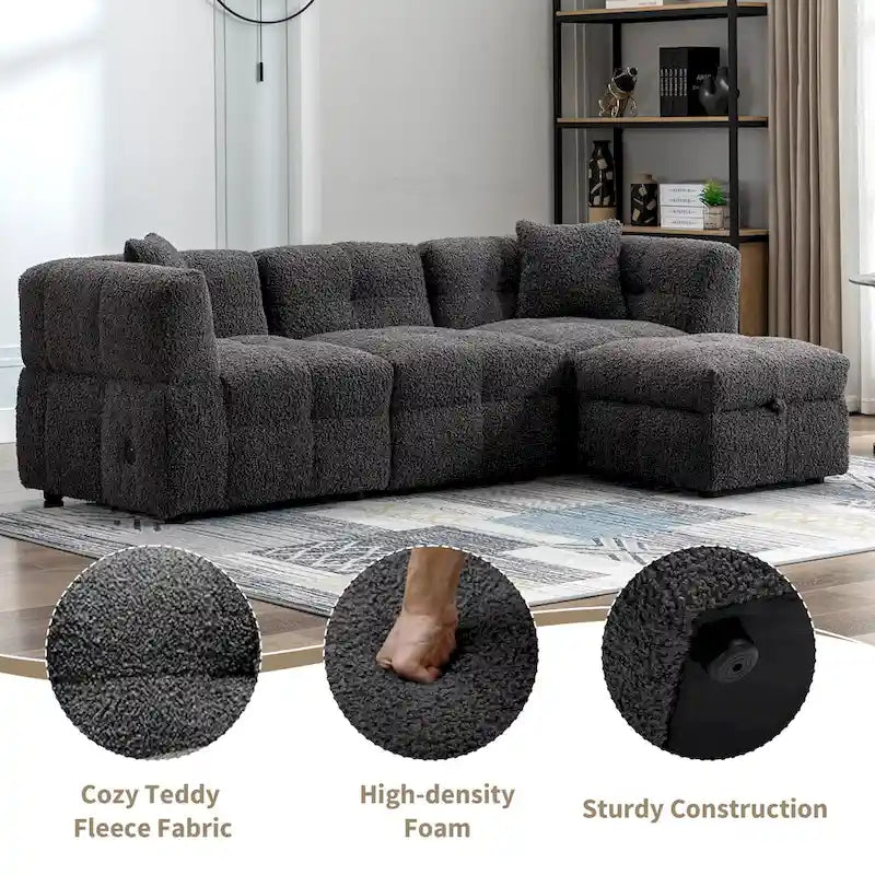 Divano componibile, Divano a L con pouf contenitore mobile, 2 porte USB e 2 cuscini, Divano imbottito trapuntato per soggiorno