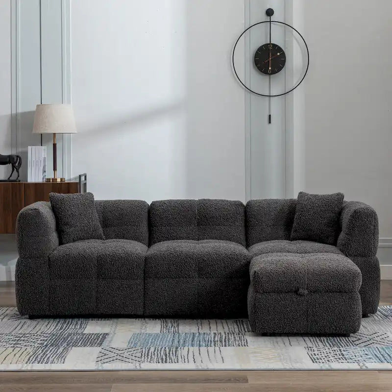 Divano componibile, Divano a L con pouf contenitore mobile, 2 porte USB e 2 cuscini, Divano imbottito trapuntato per soggiorno