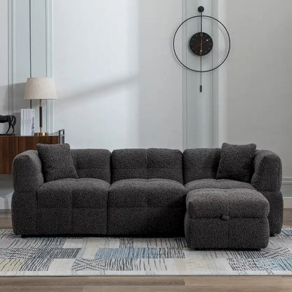 Divano componibile, Divano a L con pouf contenitore mobile, 2 porte USB e 2 cuscini, Divano imbottito trapuntato per soggiorno