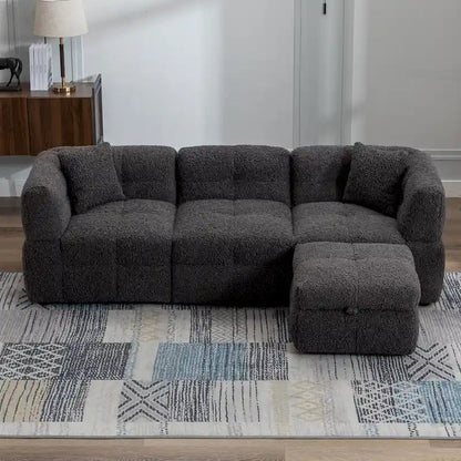 Divano componibile, Divano a L con pouf contenitore mobile, 2 porte USB e 2 cuscini, Divano imbottito trapuntato per soggiorno