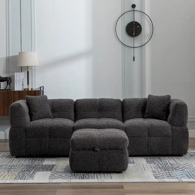 Divano componibile, Divano a L con pouf contenitore mobile, 2 porte USB e 2 cuscini, Divano imbottito trapuntato per soggiorno