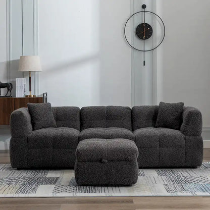 Divano componibile, Divano a L con pouf contenitore mobile, 2 porte USB e 2 cuscini, Divano imbottito trapuntato per soggiorno