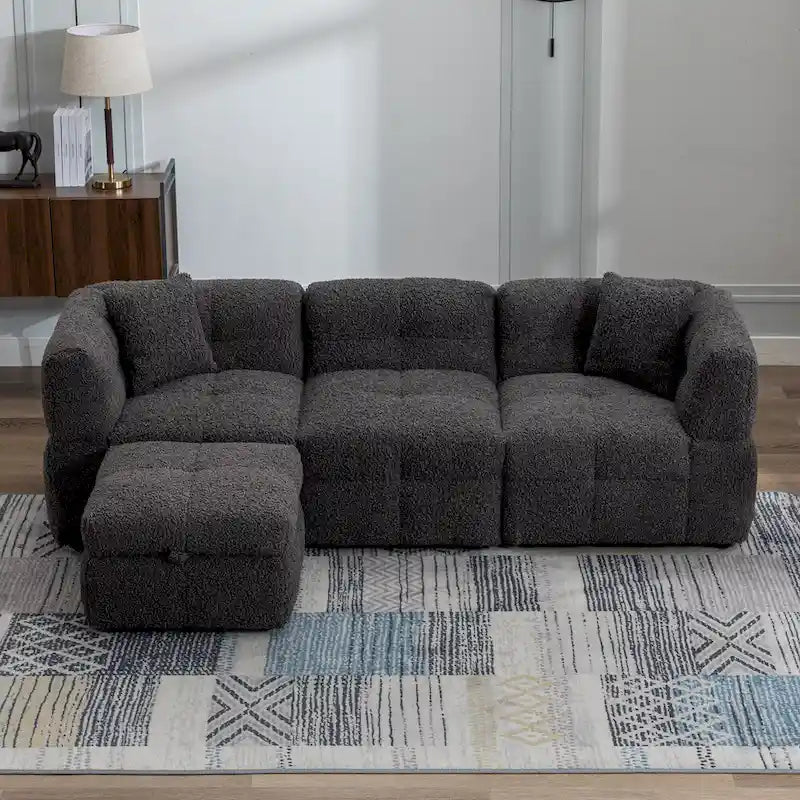 Divano componibile, Divano a L con pouf contenitore mobile, 2 porte USB e 2 cuscini, Divano imbottito trapuntato per soggiorno