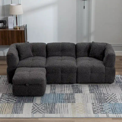 Divano componibile, Divano a L con pouf contenitore mobile, 2 porte USB e 2 cuscini, Divano imbottito trapuntato per soggiorno
