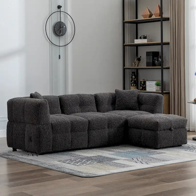 Divano componibile, Divano a L con pouf contenitore mobile, 2 porte USB e 2 cuscini, Divano imbottito trapuntato per soggiorno